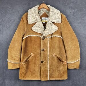 Vintage Grais Coat Mens 40 Brown Sueded Cowhide Leather Western Sherpa Lined 70s